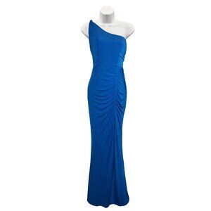 Lulu’s Blue One Shoulder Ruched Side Slit Fitted Prom Formal Maxi Dress Sz L